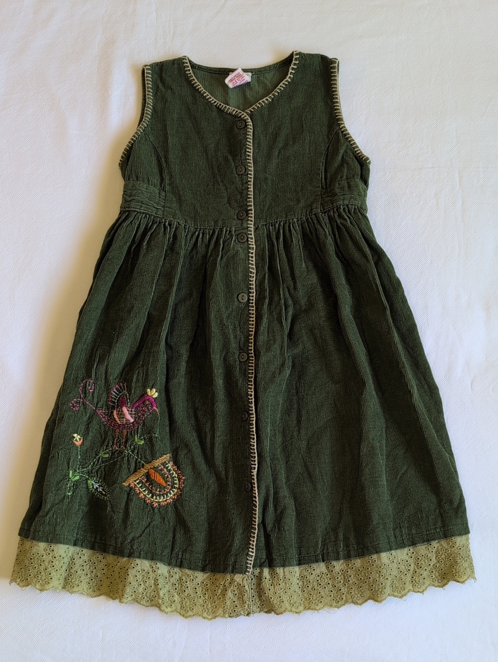 Vintage April Cornell Girls Size 3 4 Olive Green Corduroy Embroidered Dress